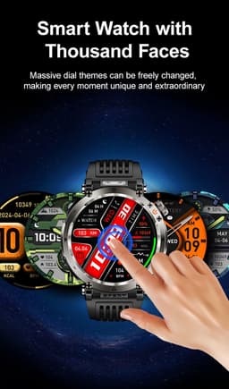Knobbout 1.7" Scherm Outdoor Smartwatch – Digitale Kompas - LED & UV Licht -600mAh batterij - Bluetooth Bellen- IP68 Waterdicht -AI Spraakassistent - Gezondheid & Sportfuncties -Zwart staal + Siliconen Band — thumbnail 5