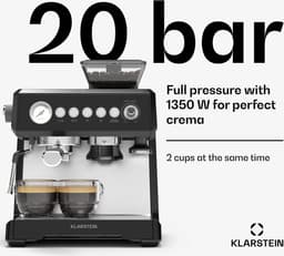 Klarstein GrandPresso espressomachine met ingebouwde molen – 20 bar, 1350 W, geïntegreerde precisiemolen, stoommondstuk, 2,3 liter waterreservoir, zwart, kopjeswarmer — thumbnail 4
