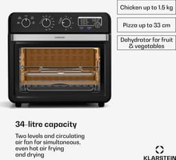 Klarstein AirGlaze heteluchtfriteuse – 34 liter, 2000 watt, 9 programma's, bediening met draaiknop, draaispit, panoramisch venster, accessoireset: grillrooster, braadmand, bakplaat, draaispit, zwart — thumbnail 3