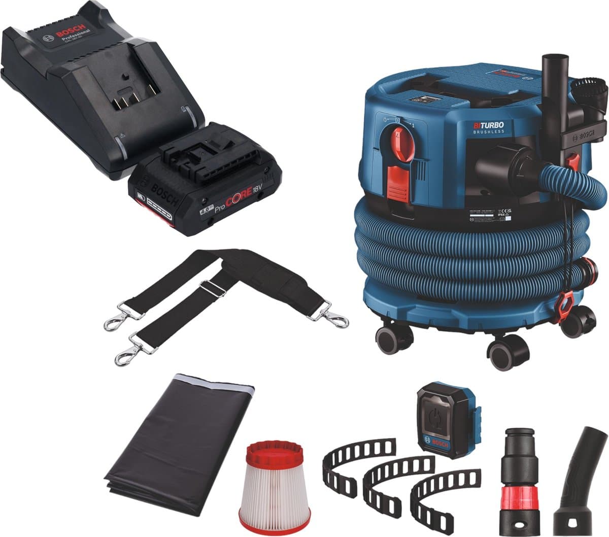 Bosch GAS 18V-12 MC Professionele snoerloze stofzuiger BITURBO Brushless + 1x ProCore accu 4.0 Ah + lader + accessoires — afbeelding 1