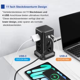 Power Strip with USB Ports - 11 Outlet Surge Protector with Switch, Child Safety Covers, 1 USB-C and 3 USB-A Ports - 1.8m Extension Cord for Kitchen Use — thumbnail 2