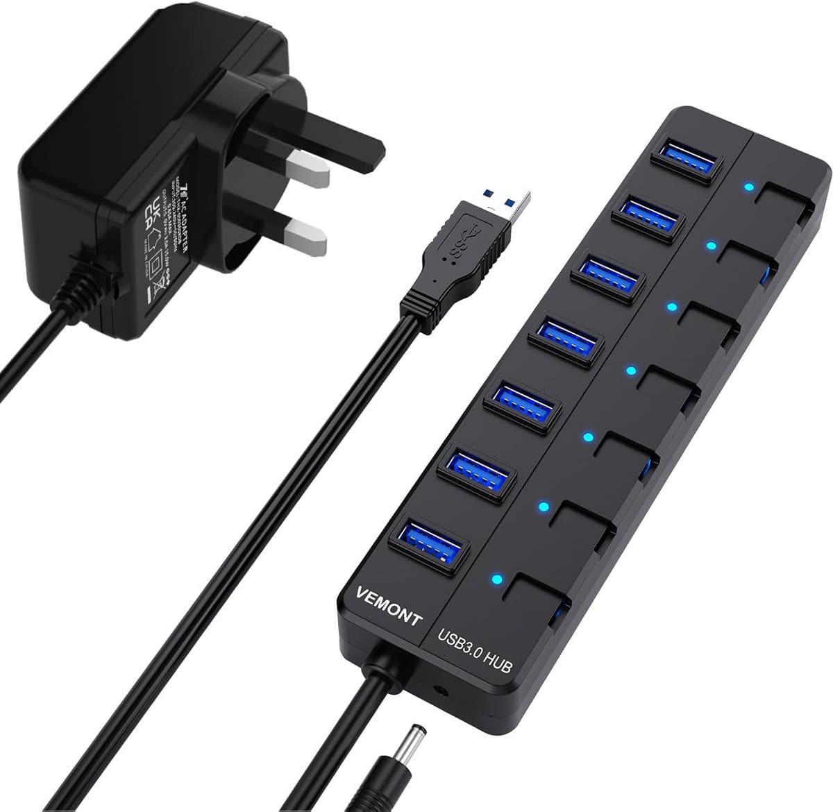 Aangedreven USB 3.0 Hub met 7 Poorten en Individuele Aan/Uit Schakelaars — afbeelding 1