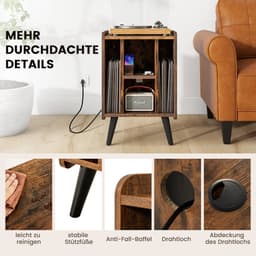 COSTWAY Draaitafel standaard met laadstation, vinylplaten, draaitafel tafel met 4 open planken, vinylplaatstandaard vintage, bijzettafel voor woonkamer kantoor, 43 x 34,5 x 67,5 cm (vintage) — thumbnail 2