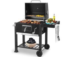 Aafinity BBQ - Barbecue - Grill - Houtskoolgrill - Perfect voor buitenterras - Zwart - Met extra ruimte - Makkelijk verplaatsbaar met wielen