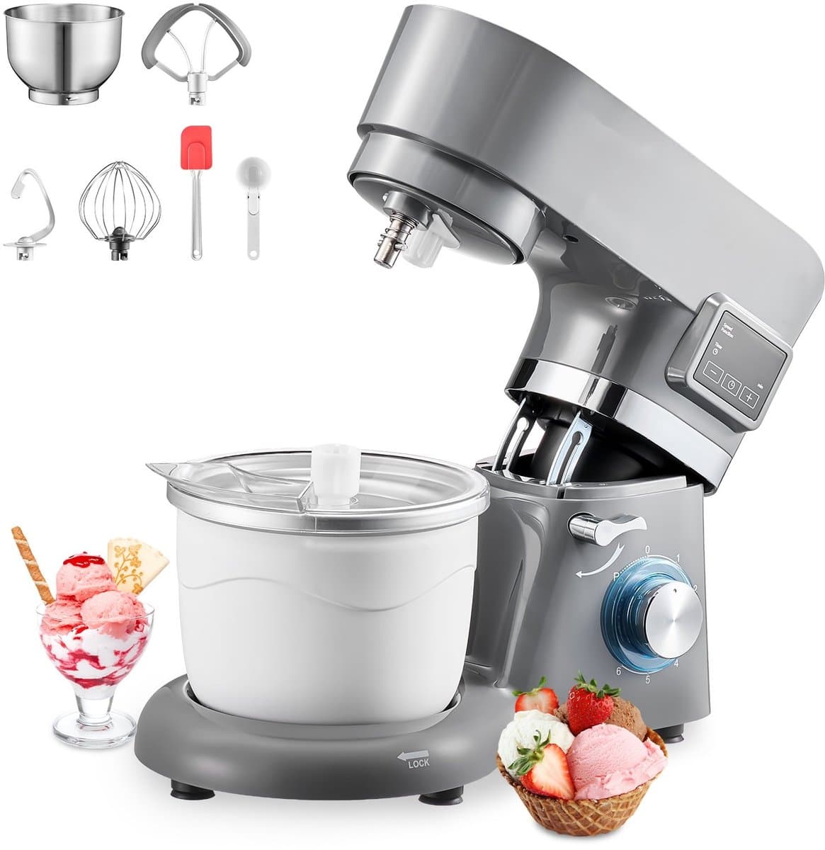 Keukenmixer - Staande Mixer - 6 Snelheden - LED-Display - Timer - Roerpeddel & Deeghaak - Spatbescherming - 1400W - Grijs — afbeelding 1