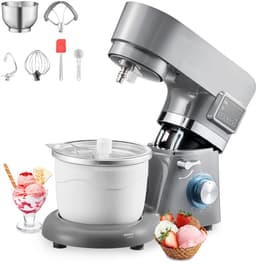 Keukenmixer - Staande Mixer - 6 Snelheden - LED-Display - Timer - Roerpeddel & Deeghaak - Spatbescherming - 1400W - Grijs — thumbnail 1