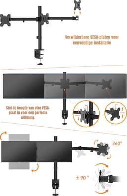 SCH® Monitor Arm 3 Schermen - Monitor Arm - Zwart - 122cm x 8cm x 46cm — thumbnail 4