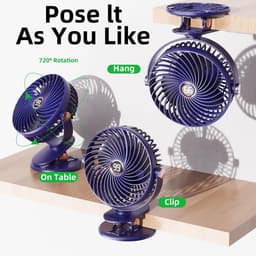 Desktopventilator, stille mini-USB-ventilator met lcd-display, 1800 mAh, kleine oplaadbare draagbare ventilator, 5 windsnelheden, 720° draaibaar, clipbevestiging, geschikt voor kantoor, thuis en kamperen. — thumbnail 2