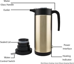 Store_9 - Draagbare Elektrische Theeketel - 1200ML - Koken voor Koffie en Thee - Goud - Auto Kettle - Voor Reizen - Baceyong — thumbnail 4