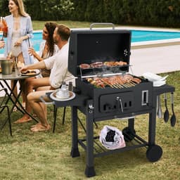 COSTWAY houtskoolgrill, grillwagen met deksel, wielen, 2 inklapbare zijtafels, grillrooster, thermometer, 6-voudige houtskoolhouder en opbergvak, staande grill, kolengrillwagen — thumbnail 4