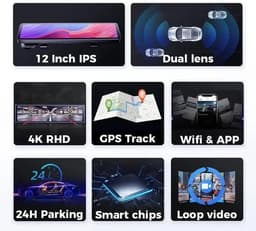 Achteruitkijkspiegel Dashcam – Auto Camera – Dubbele Lens – Parkeermonitor – 4K 12 Inch Scherm – GPS Tracking – Nachtzicht — thumbnail 3