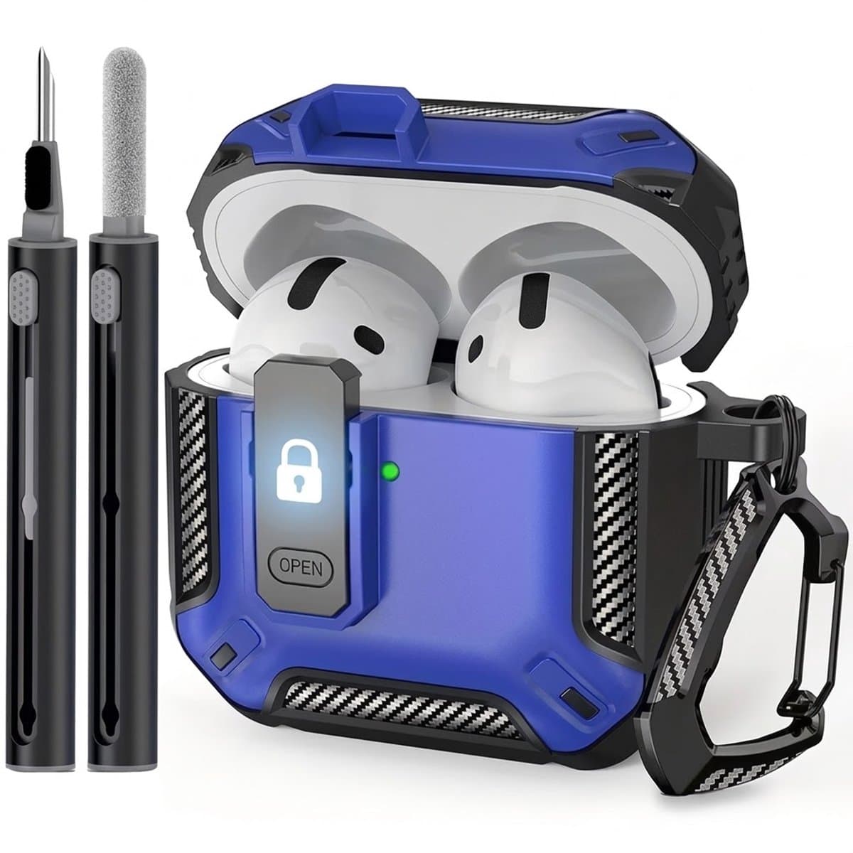 Blauw robuust hoesje voor oordopjes met carbon look geschikt voor AirPods 4 inclusief schoonmaakset en karabijnhaak – schokbestendig en duurzaam — afbeelding 1