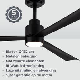 Goedewaere Plafondventilator Aero - Lamp - Stil - Timer - Zwart - 132cm — thumbnail 5
