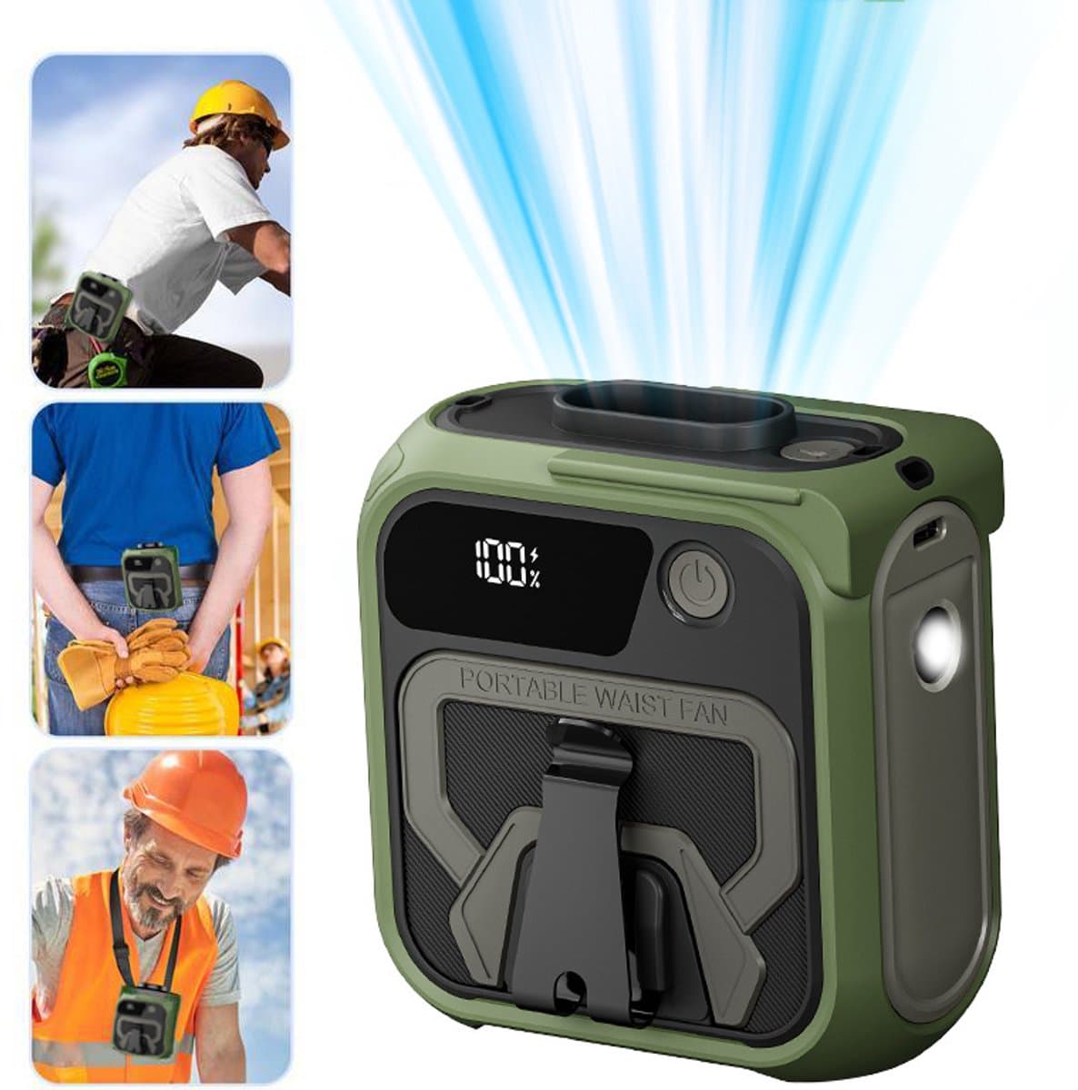 Draagbare heupventilator, riemclipventilator onder shirt met 5 snelheden, heupventilatoren met clip voor handsfree koeling, shirtventilatoren met led-display, voor kamperen op de werkplek in de buitenlucht - Groen — afbeelding 1