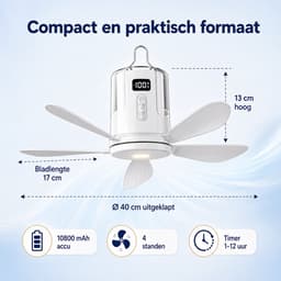 Ophangbare Camping Ventilator - Plafondventilator met Lamp - Opvouwbare Bladen - 10800 mAh - 4 Snelheden - Afstandsbediening - Timer 1-12 Uur - RGB Licht - Wit — thumbnail 3