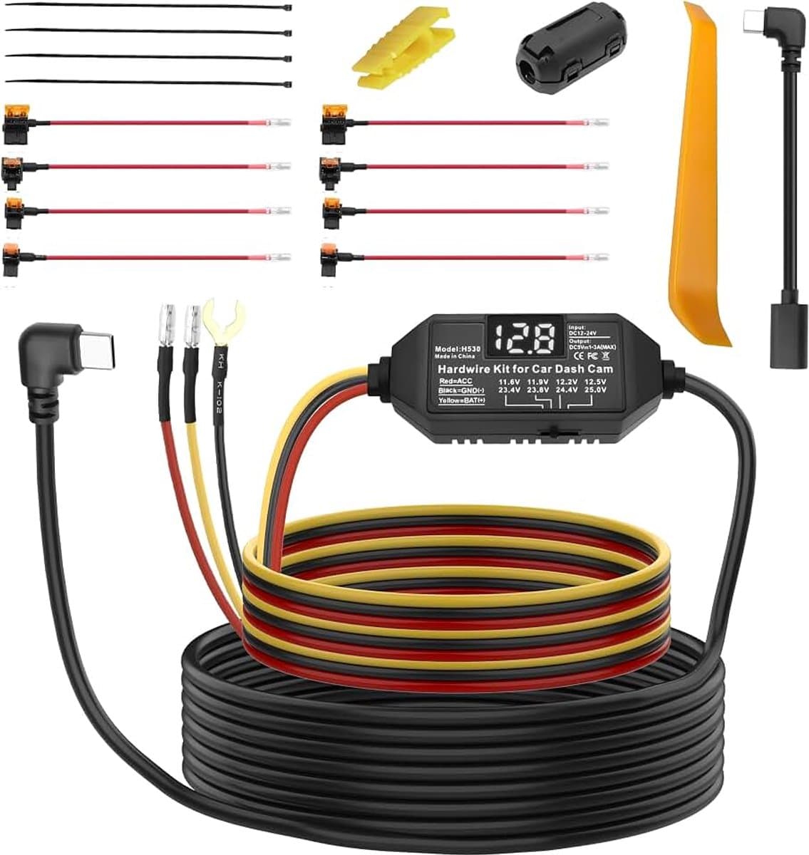 Dash Cam Acc Hardwire Kit USB type C hardwire kit zekering 12V-24V naar DC 5V 3A dashboard autocamera oplader stroomkabel met laagspanningsbeveiliging voor dashcam GPS-recorder (3,5 m) — afbeelding 1