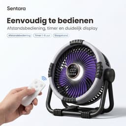 Sentara Campingventilator Oplaadbaar 20000mAh – Krachtige Draagbare Buitenventilator 10 m/s met LED-nachtlamp, Powerbank-functie, Timer & Opbergtas – Ophangbaar of Staand – 25 cm – Grijs — thumbnail 2
