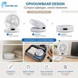 Lifetime Air Tafelventilator Oplaadbaar - Mini USB Ventilator 1200mAh - 5 Snelheden En LED Display - 21x20,5x23cm - Wit — thumbnail 5