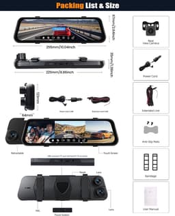 Dashcam voor auto - Zwart - 9,66 inch - IPS Touchscreen met 3 Camera's en Nachtzicht - Voor Veilig Parkeren en 24-uurs Bewaking — thumbnail 5