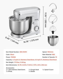 Keukenmachine - Mixer - Bakken en Koken - Krachtige 1500W Motor - 5.7 Liter Kom - Zilver — thumbnail 4