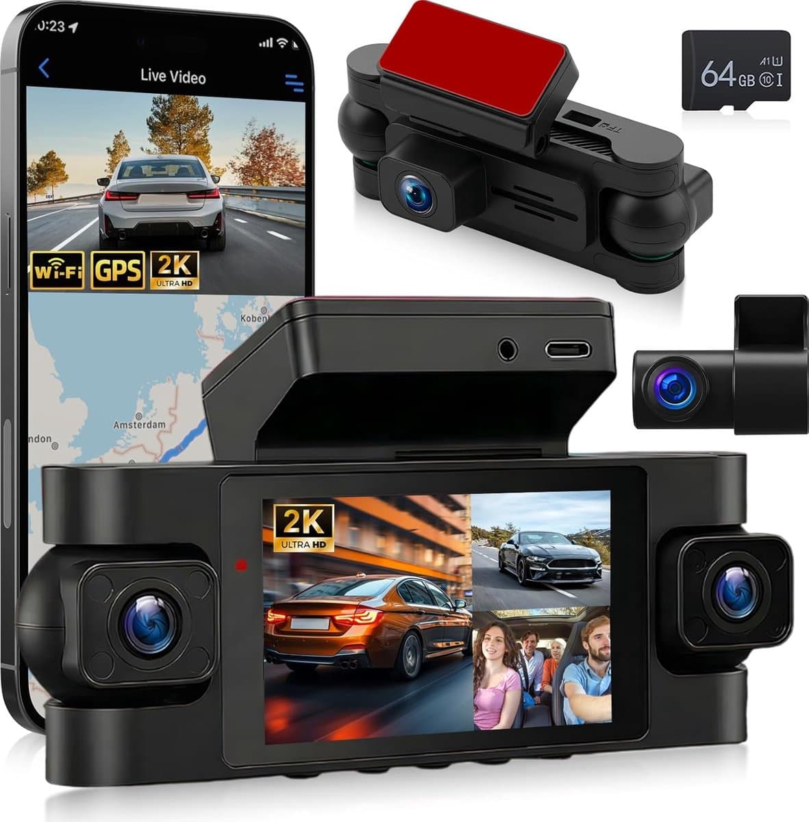 SnelShoppen - 4 Lens Dashcam 2K met Wi-Fi, GPS, 360° Opname, Nachtzicht, G-Sensor, Loop Recording + 64GB TF Card voor Auto, Voertuig en Rides — afbeelding 1