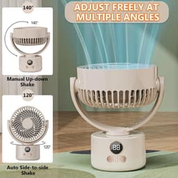 USB Bureauventilator - 3 snelheden - 3600mAh accu - Stille bionische verenbladen - 140° kantelbaar en automatisch schommelend - Draagbaar voor thuis, kantoor en kamperen - Beige — thumbnail 2
