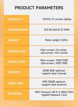 16" + 10.5" + 10.5" Triple-Screen Laptop, Intel Core i7-1260P, 32GB RAM (tot 64GB), 1TB SSD (tot 4TB), Vingerafdruk & Gezichtsherkenning, WiFi 6, RJ45, BT 5.2, Full USB-C, Aluminium – Windows 11 — thumbnail 4