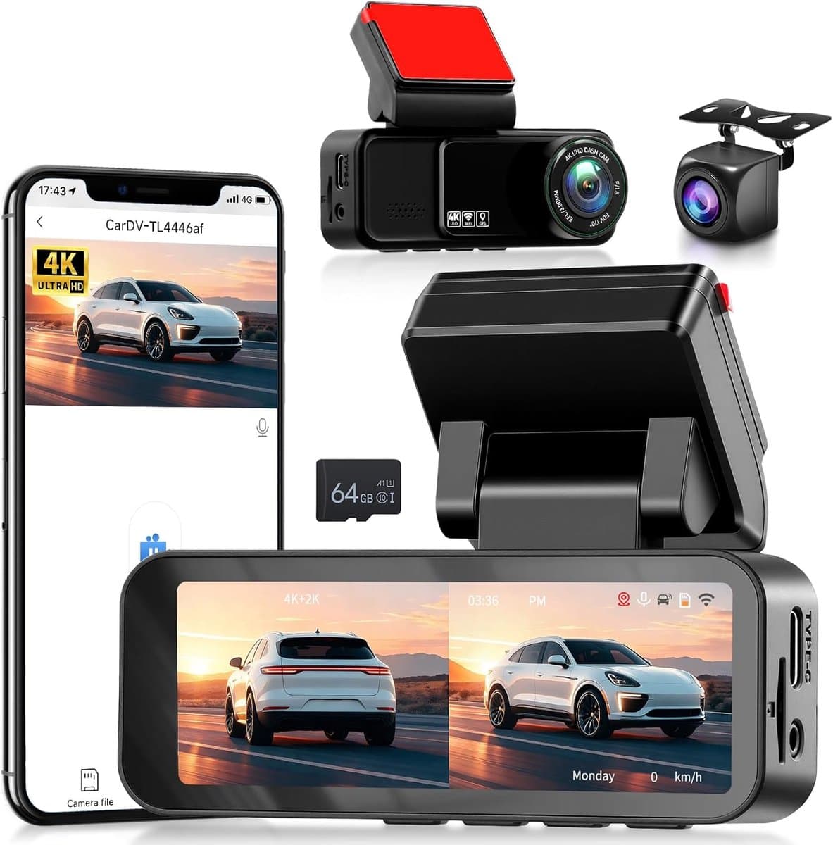 SnelShoppen - 4K Dashcam met Voor- en 2K Achtercamera, 3.16 Inch IPS Scherm, WiFi en App Besturing, ADAS, BSD, LCA, Nachtzicht, G-Sensor, Loopopname, — afbeelding 1