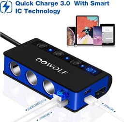 SnelShoppen - OOWOLF Sigarettenaansteker Auto, 3-Way 180W 12V/24V Auto Distributeur Socket met QC 3.0 Snellader, Voltmeter en 4 USB Poorten voor GPS, — thumbnail 2