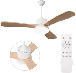 Plafondventilator met lamp - Diameter 106.6 cm - LED dimbaar & 6 snelheden - Massief houten bladen - Modern - Natuurlijk hout en Wit — thumbnail 3
