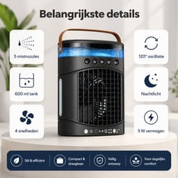 VHV - Ventilatoren - Luchtkoeler - Aircooler - Mobiele luchtkoeler - Torenventilator - Verkoeling - Bladloze ventilator - Oscillerend - Met watervernevelaar - Oplaadbaar - Voor bureau en kantoor - Zwart — thumbnail 5