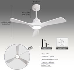 Re-purelife® Koel Zomer Collectie Plafondventilator met Verlichting 106×106×34,3 cm - Wit - Massief Houten 3-Blads Propeller - Stille Omkeerbare Gelijkstroommotor - 6 Snelheden - Afstandsbediening - 3 Lichtkleuren Dimbaar - voor winter en zomer — thumbnail 2
