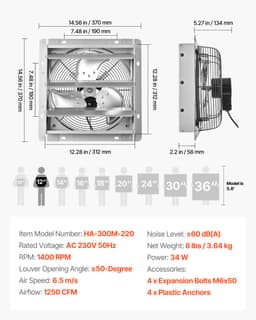 VEVOR 312mm Afzuigventilator met Lamellen, Industriële Wandventilator, 34W, Stalen Behuizing, Wandmontage, 2124m³/h, 1400rpm, Stille Werking, Ventilatie + Koeling voor Garage, Kas, Werkplaats, Stal — thumbnail 3