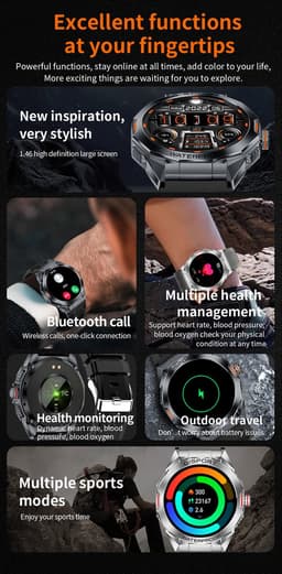 Knobbout 1.46"(3.7cm) Smartwatch - Bluetooth belfunctie - Bloeddrukmeting -Langzame ademhalingstraining- Hartslagfunctie, Caloriemeting, Slaapmonitor, Afstandmeting, Bloed zuurstof analyse - 100+ sportmodi- 10-15 dagen batterij-Zilver grijs — thumbnail 2