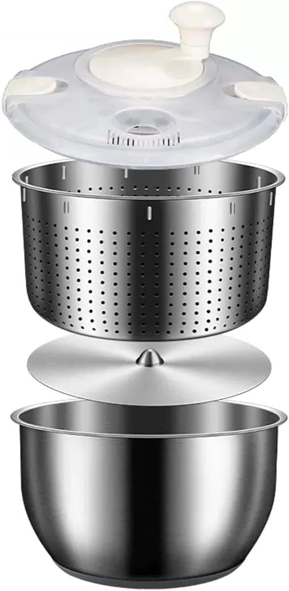 Salade Spinner - Groente Wasmachine - Salades Drogen - Ingebouwd Afvoersysteem - 6L Kom - Zilver — afbeelding 1