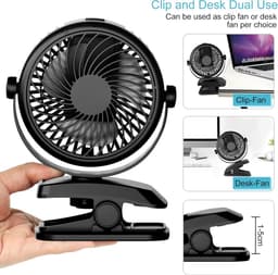 Mini-USB-ventilator, stille clip, tafelventilator met oplaadbare batterij, 3 snelheden, 360 draaibare instelbare snelheden voor slaapkamer, kantoor, kinderwagen en camping — thumbnail 2