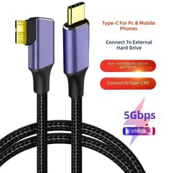 USB C naar MicroB Kabel - Data Overdrachtskabel - Externe Schijf Koppelen - Haakse Connector - 1 Meter - Zwart — thumbnail 4