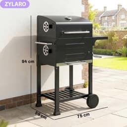 Premie Houtskool Barbecue - Compacte Smoker Barbecue - Barbecuegrill - Grillwagen - Houtskoolgrill met Deksel, Bijzettafel, Deksel, Thermometer, Planken - Verplaatsbaar - BBQ voor buiten, tuin - Zwart — thumbnail 2