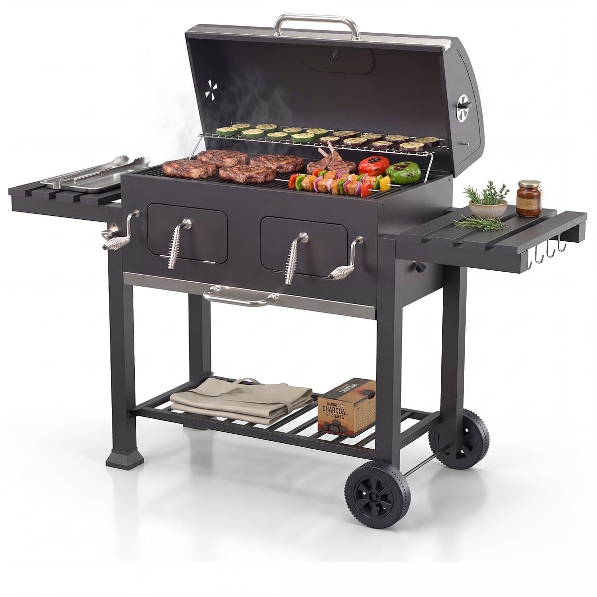 KitchenBrothers Houtskool BBQ XL - Dual Zone Smoker Barbecue - Met Verstelbare Kolenroosters & Inklapbare Zijtafels - PFAS-vrij - 42,3x75,8cm Grilloppervlak - Vaderdag Cadeau - Zwart — afbeelding 1