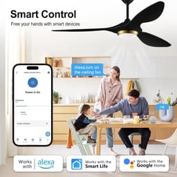 reiga 132cm Zwart-Goud Moderne Plafondventilator met Verlichting en Afstandsbediening, Slim WiFi, 3 Bladen, Stille DC-motor voor Woonkamer, Slaapkamer, Terras, Garage — thumbnail 2