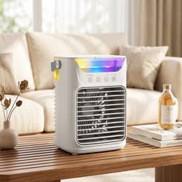 TEKROA® Ventilatoren - Mini Aircooler met Water - Draagbare Luchtkoeler & Tafelventilator met 3 Snelheden - RGB-Verlichting en Verstelbare Kop - Wit — thumbnail 2