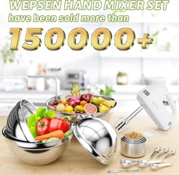Elektrische handmixer - Keukenhulpset - Bakken en koken - 6 RVS kommen - 7 maten lepels - Zilver — thumbnail 2