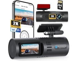 Dashcam Auto, 2K WiFi met App Controle, Dashcam Voorkant Binnenkant met 64GB SD Kaart, Ingebouwd Display 1.5 inch, Dashcam Ondersteunt Parkeer Bewaking, G-Sensor, Lus Opname, Loop Recording