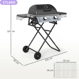 Gasbarbecue - Inklapbaar Gasbarbecue en Gasgrill - 2 Branders - Grillwagen - 5,6 kW - met Grillrooster, Wielen, Bijzettafels, Drukregelaar, Slangen, Thermometer - 101 x 50 x 102 cm - Zwart — thumbnail 2
