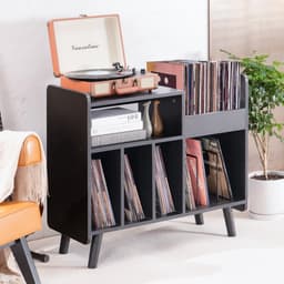 Platenspeler Tafel - Platenspeler Standaard - Vinyl Opbergkast voor 350+ Elpees - Retro Platenkast Mid-Century Modern - Vinyl Storage Meubel met Verstelbare Plank - Audiomeubel & Platenspeler Meubel - Platenhouder - Zwart — thumbnail 5