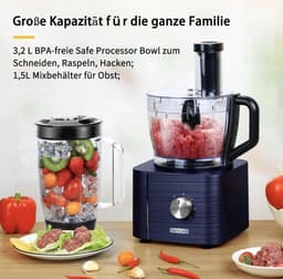 Keukenmachine - Alles in 1 keukenmachine - Multifunctionele keukenmachine - Vleesmolen - Garde - Kneder - Shredder - Sinaasappelpers - Hakselaar - Blender - 1100W - Blauw — thumbnail 3