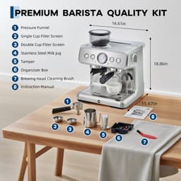 Espressomachine RVS met Bonenmaler - 42x40x48cm - Koffiemachine - 20 Bar Druk - 1400W - Afneembare 2.8L Watertank - met Stoompijp - Voor Thuis En Kantoor - Zilver — thumbnail 4