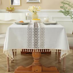 Pahajim Katoenen tafelkleed, rechthoekig, wasbaar, kreukvrij, kwastjes, tafelkleed, rechthoekig, voor keuken, eetkamer, buiten, tafelblad voor in de tuin, beige, 140 x 275 cm — thumbnail 1