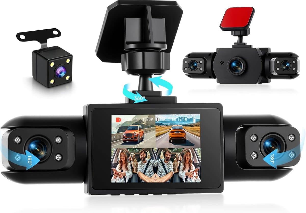 4-kanaals dashcam, auto, 360 graden, met 4 camera's FHD 1080p voor en achter links, rechts, 2 inch 1080p dashcamera, autocamera met IR-nachtzicht, loopvideo, 24-uurs parkeermonitor — afbeelding 1