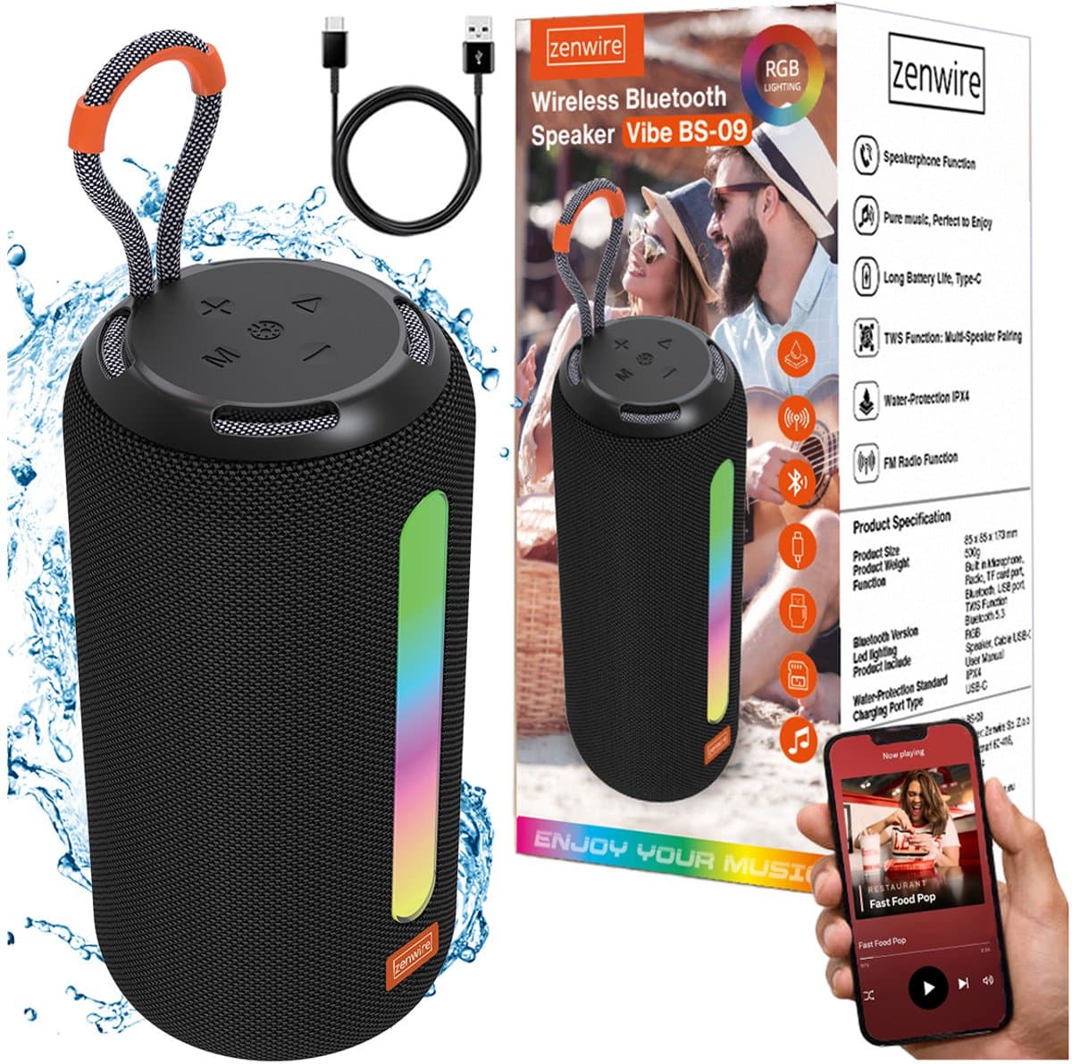 Zenwire Vibe BS-09 - Mini draagbare luidspreker - Bluetooth 5.3 - 26 W - FM-radio - Microfoon - Spatwaterbestendig IPX4 – TWS - USB-C - Micro SD-kaartlezer - RGB - achtergrondverlichting - Ingebouwde batterij 2500 mAh — afbeelding 1